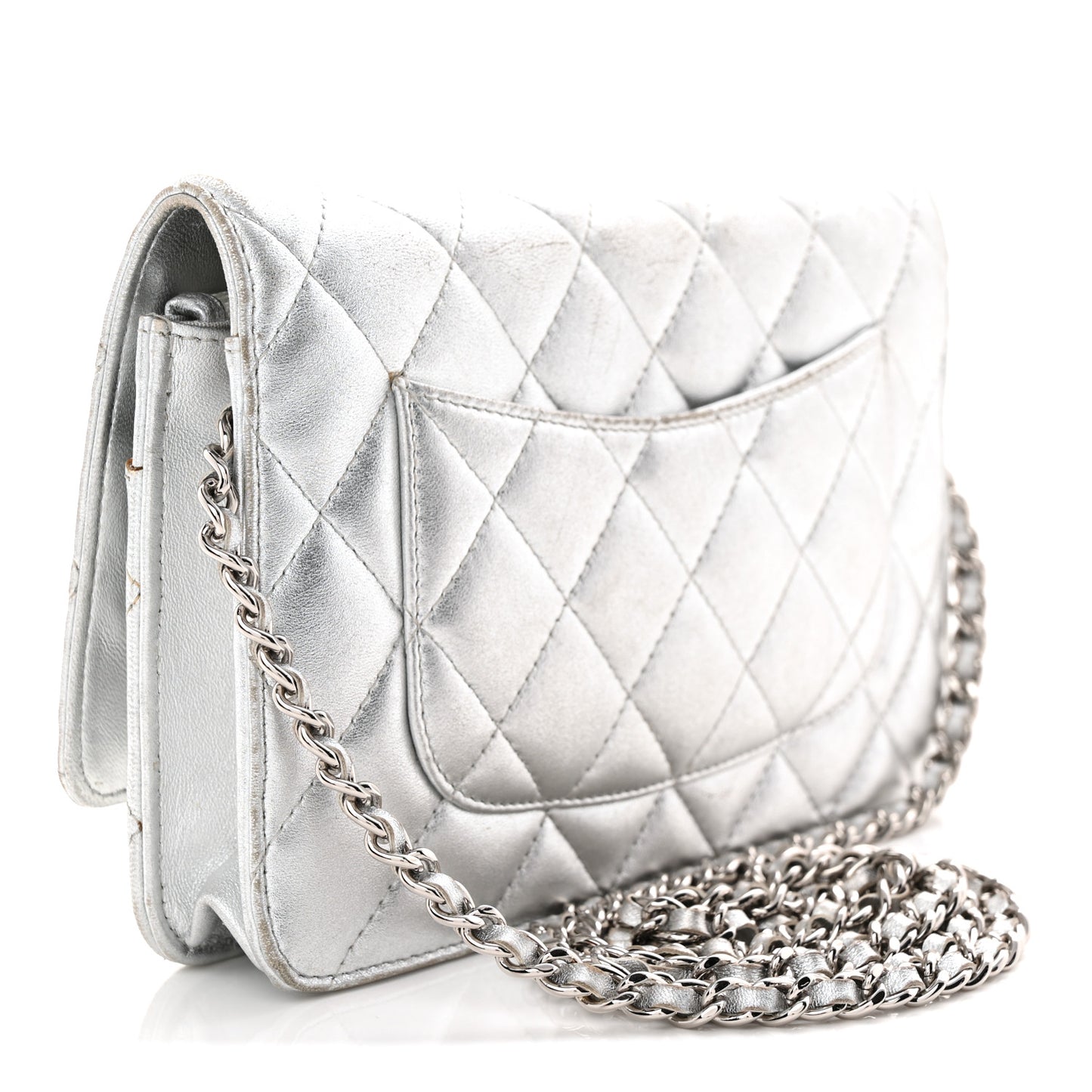 Metallic Lambskin Quilted Wallet On Chain WOC Silver Gold