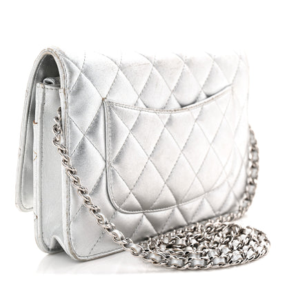 Chanel Metallic Lambskin Quilted Wallet On Chain WOC Silver Gold 3 of 14