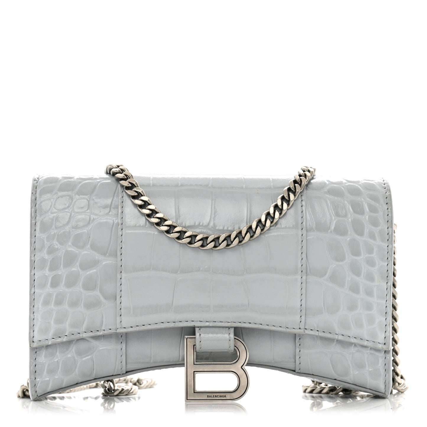 Shiny Metallic Calfskin Crocodile Embossed Hourglass Chain Bag Ash Blue