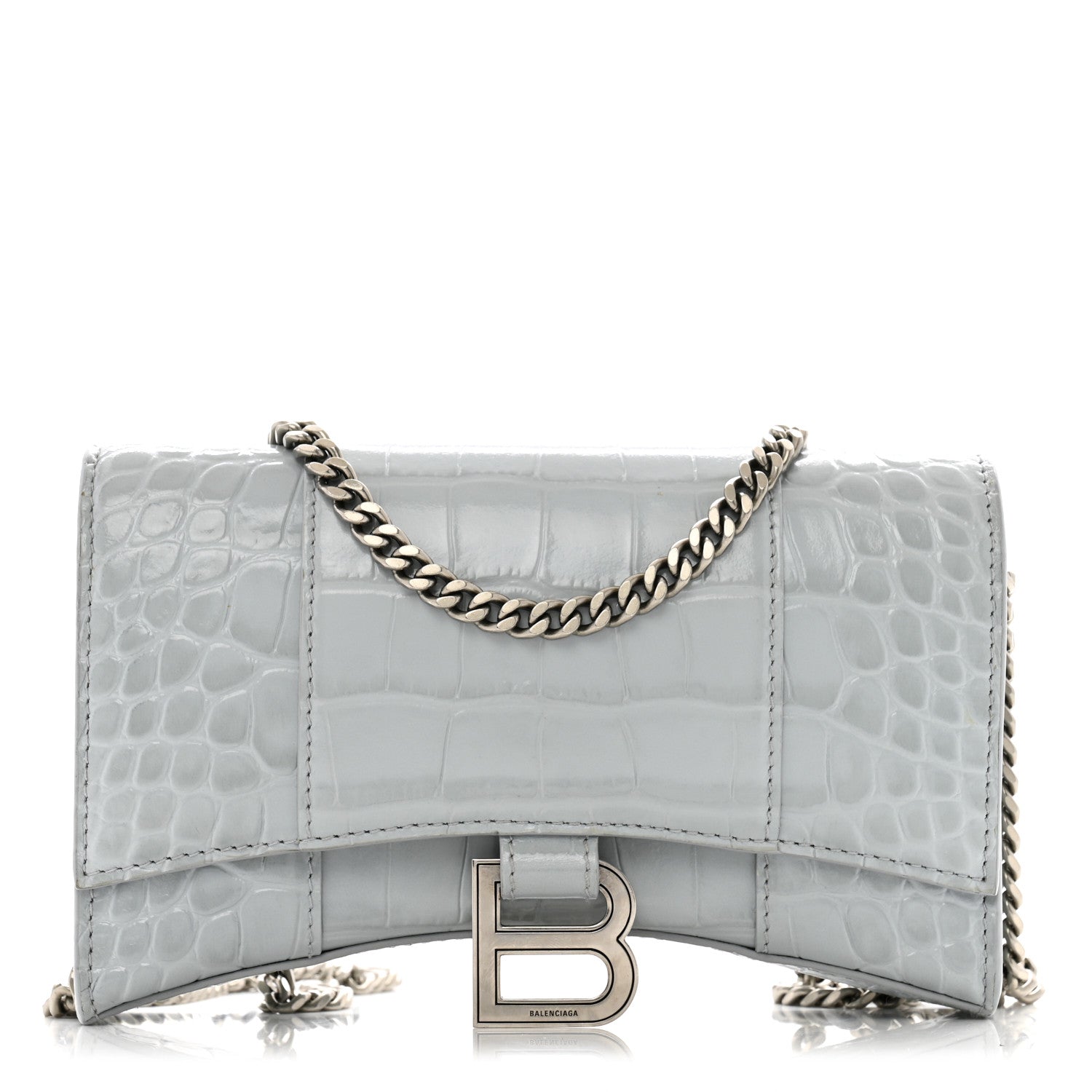Balenciaga Shiny Metallic Calfskin Crocodile Embossed Hourglass Chain Bag Ash Blue 1 of 11