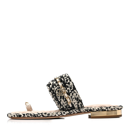 Chanel Raffia Lambskin Woven Chain CC Toe Ring Sandals 41 Black Beige 1 of 7