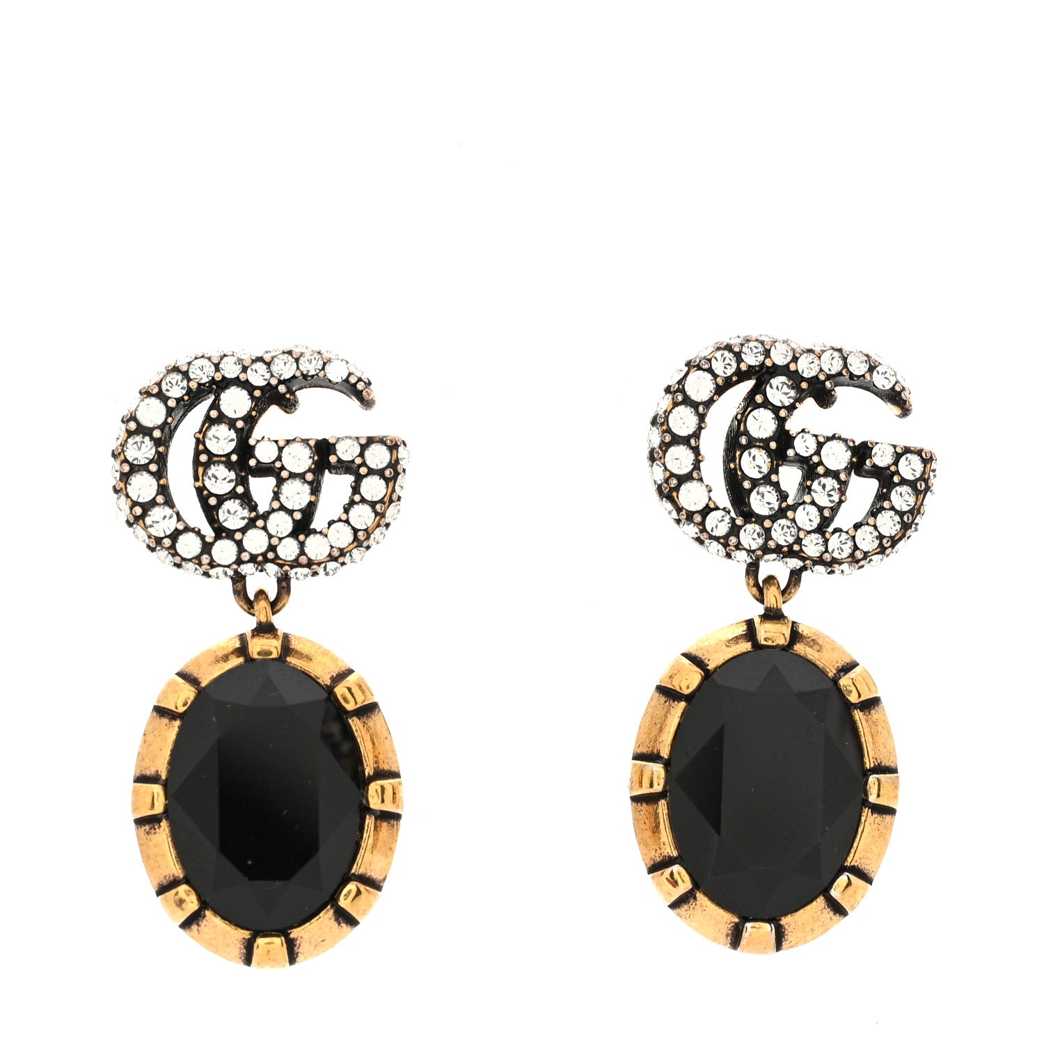 Gucci Crystal Double G Earrings Black Aged Gold 1 of 5