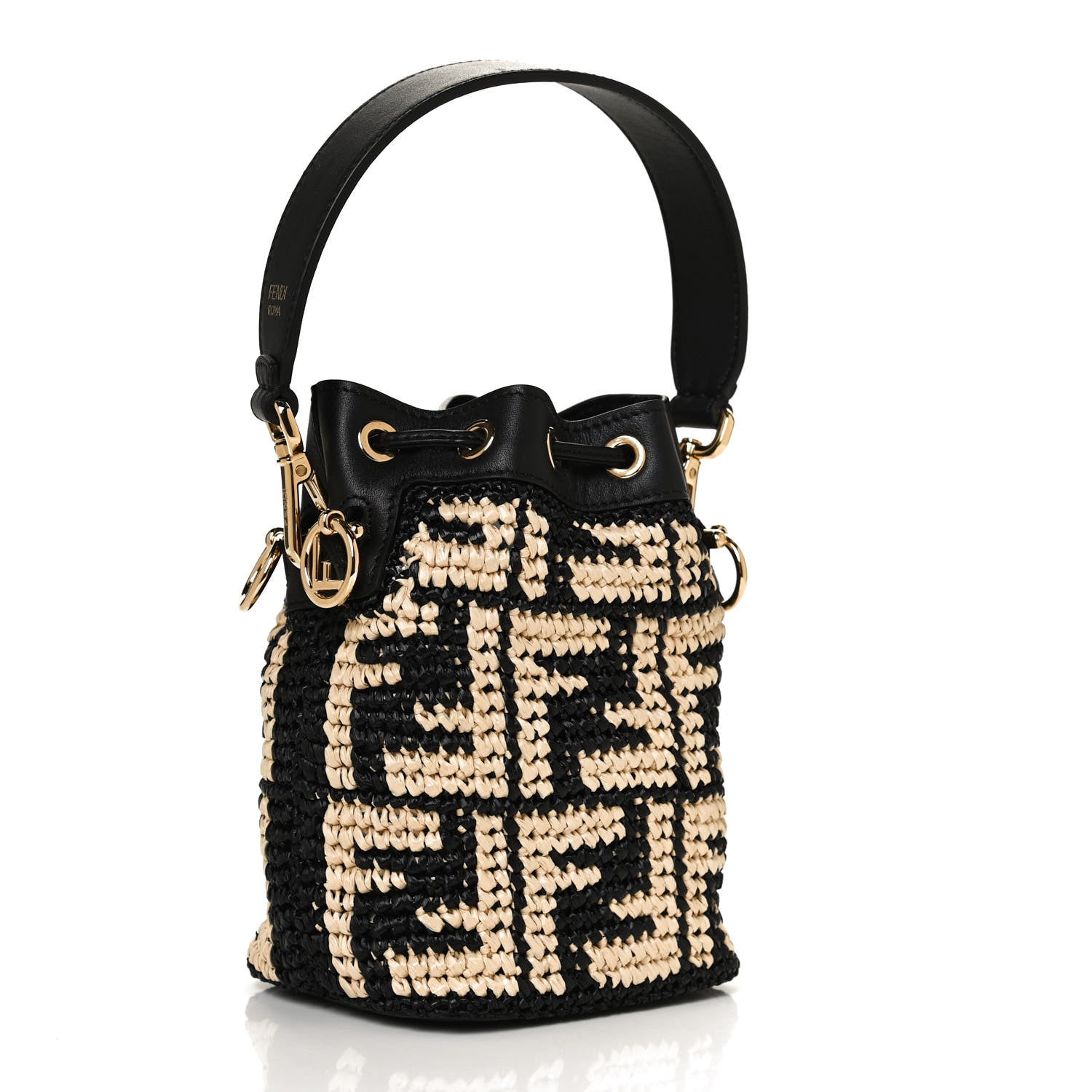 Fendi Raffia Vitello Seta F is Fendi FF Woven Mini Mon Tresor Bucket Bag Black Natural 3 of 12