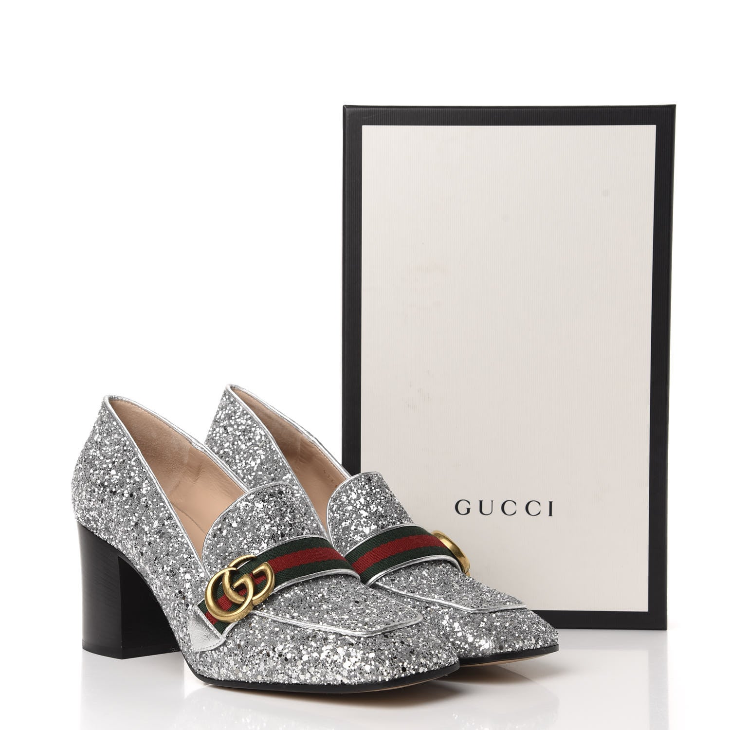 Gucci Glitter Nappa Web Peyton 75mm Loafer Pumps 41.5 Argento 10 of 10
