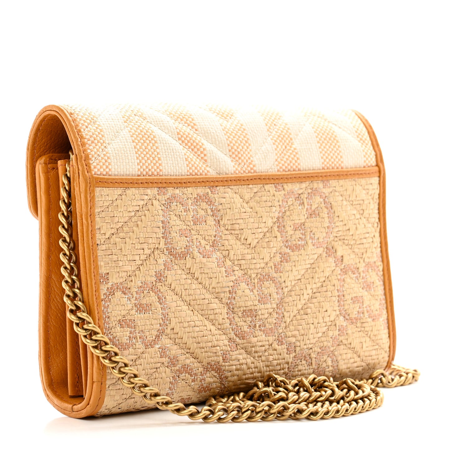 Raffia GG Monogram Matelasse GG Marmont Chain Wallet Natural Beige Off White Sun Oil