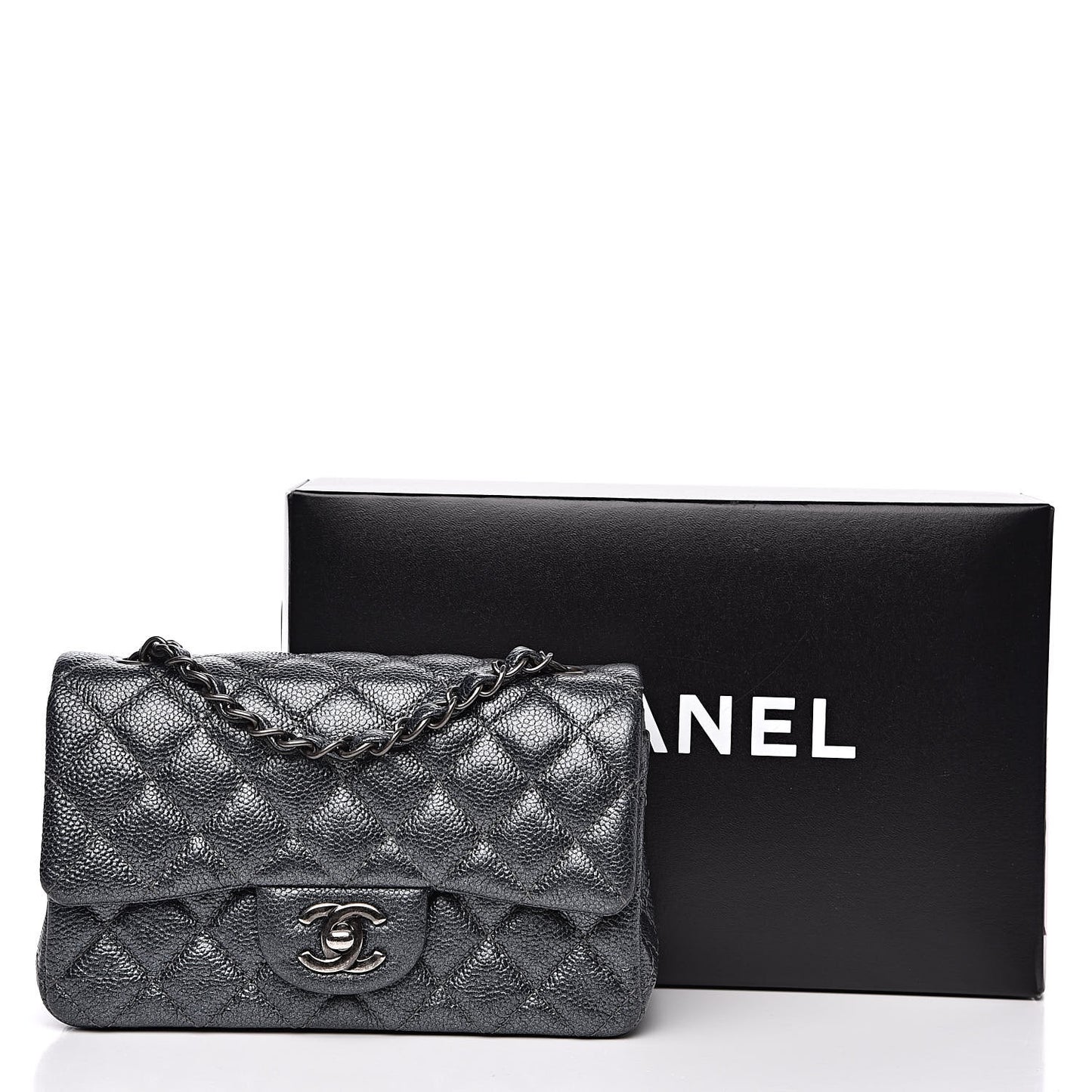 Pearly Caviar Quilted Mini Rectangular Flap Grey