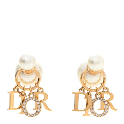 Christian Dior Pearl Crystal Tribal Logo Charms Earrings Gold 1 of 4