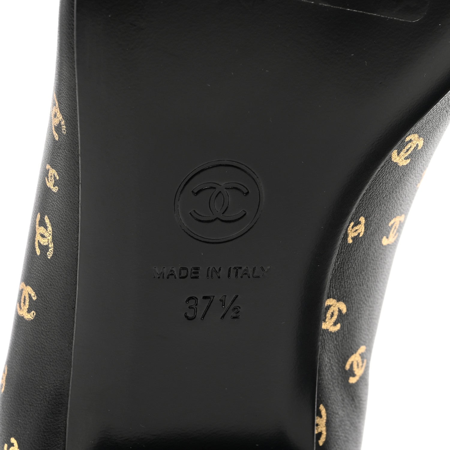 Chanel Lambskin Patent Calfskin Printed CC Cap Toe Ballerina Flats 37.5 Black Gold 6 of 9