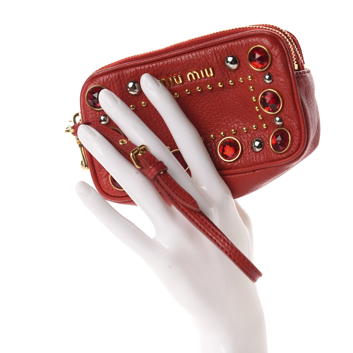 Miu Miu Goatskin Madras Crystal Studded Double Zip Wristlet Rosso 2 of 9
