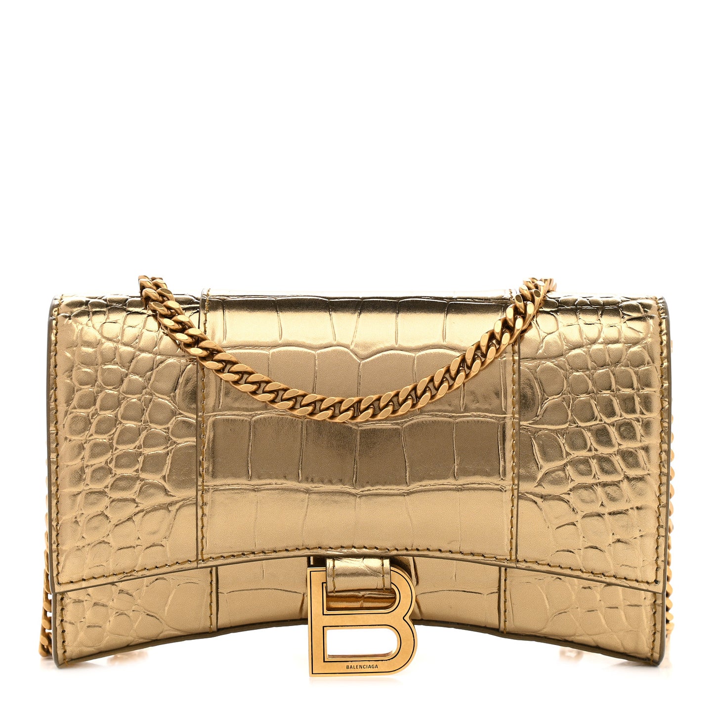 Metallic Calfskin Crocodile Embossed Hourglass Chain Bag Gold