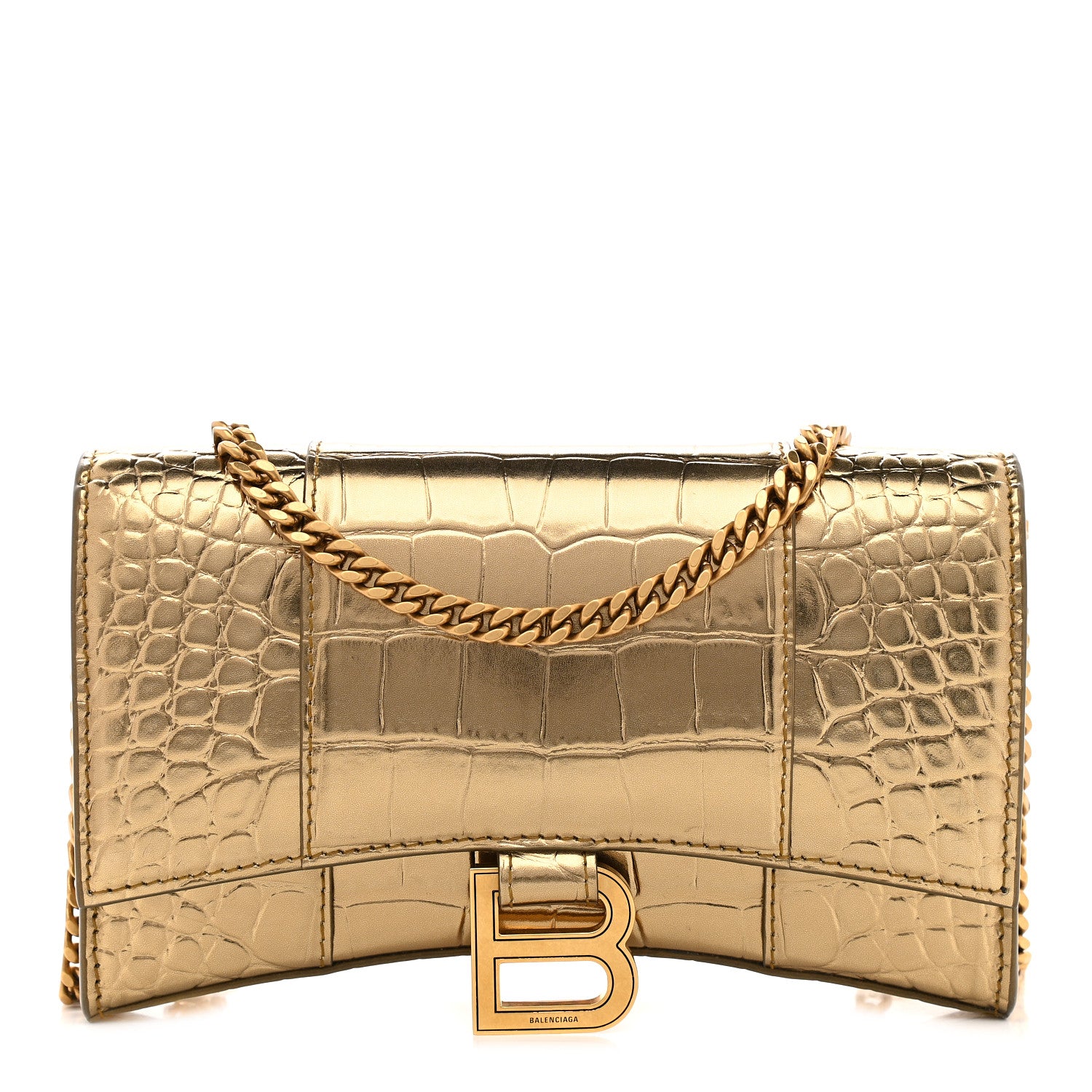 Balenciaga Metallic Calfskin Crocodile Embossed Hourglass Chain Bag Gold 1 of 7