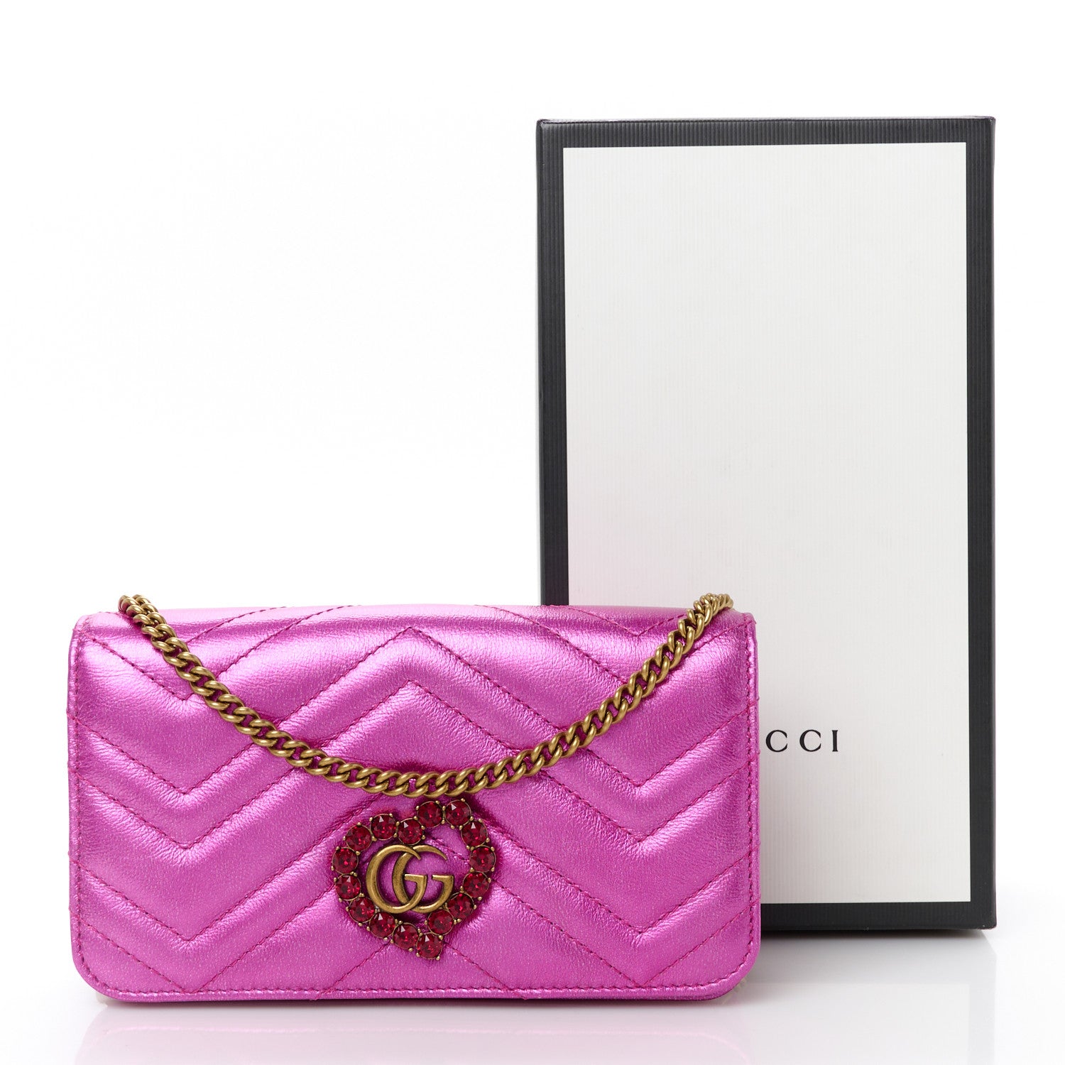 Gucci Metallic Calfskin Matelasse Crystal GG Marmont Mini Bag Fuchsia 10 of 10