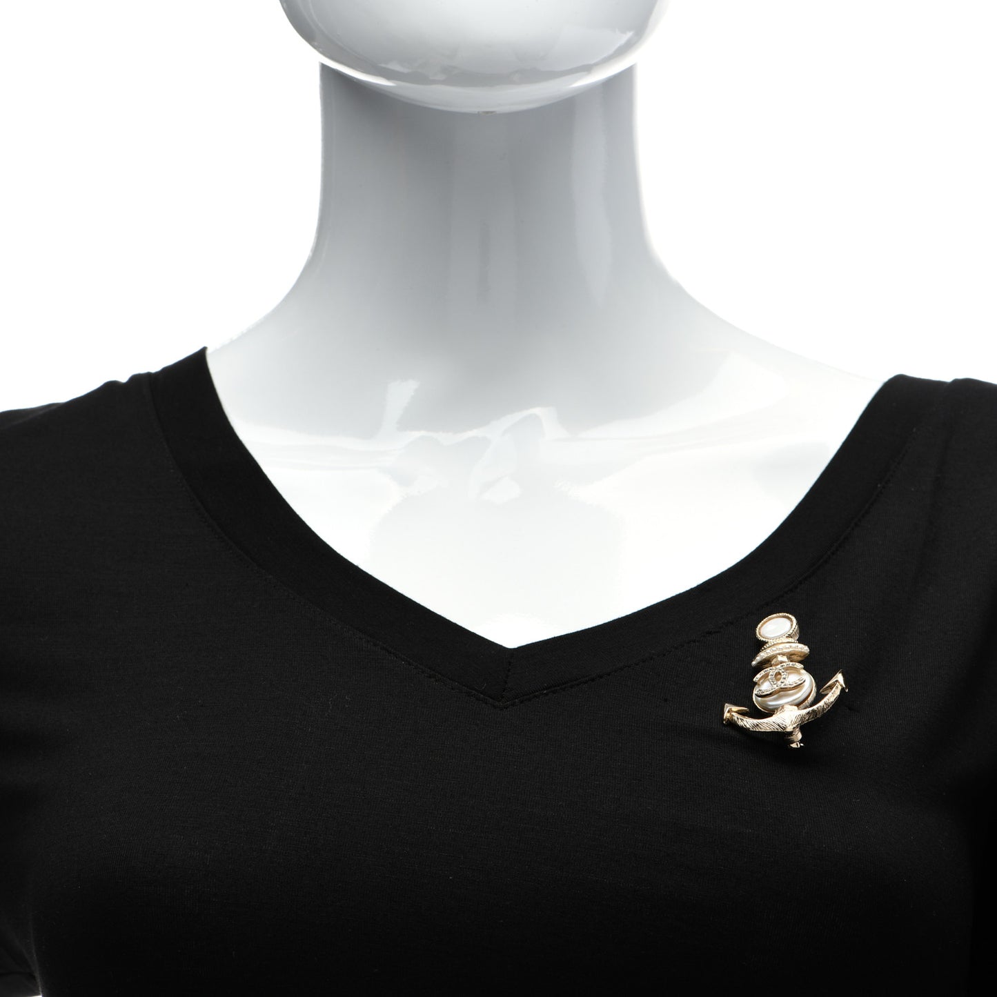 Crystal Pearl CC Anchor Brooch Gold