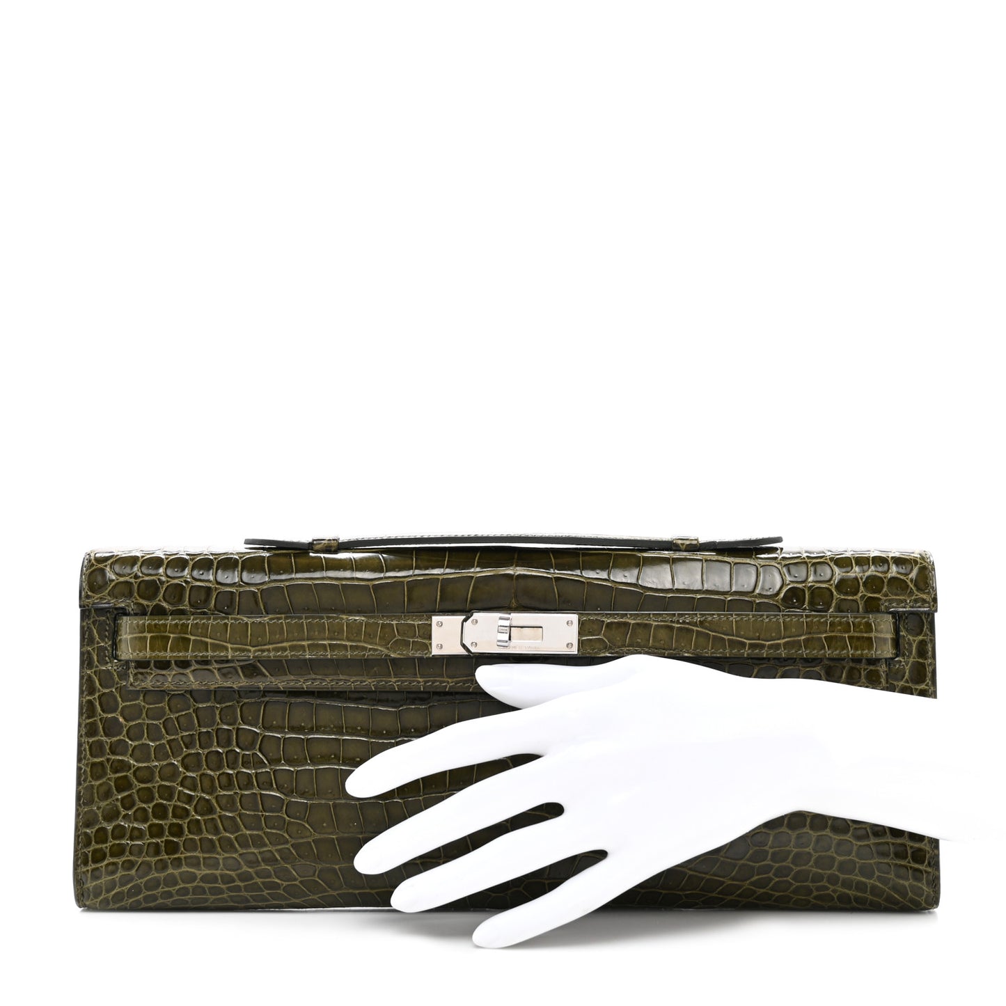 Shiny Porosus Crocodile Kelly Cut Pochette Vert Veronese