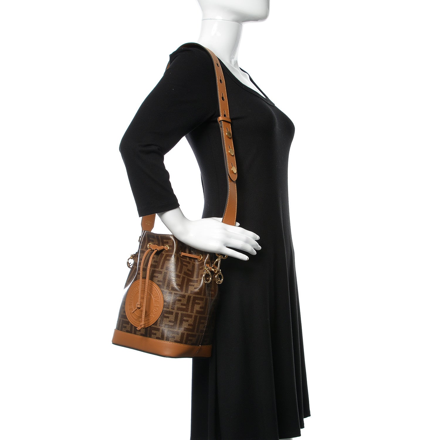 Fendi Glazed Fabric Vitello Grace F is Fendi FF 1974 Stamp Patch Grande Mon Tresor Bucket Bag Mogano Panna Nocciola 2 of 10