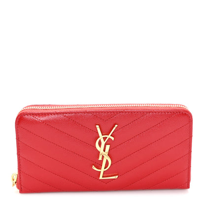 Saint Laurent Grain De Poudre Matelasse Chevron Monogram Zip Around Wallet Red 1 of 6