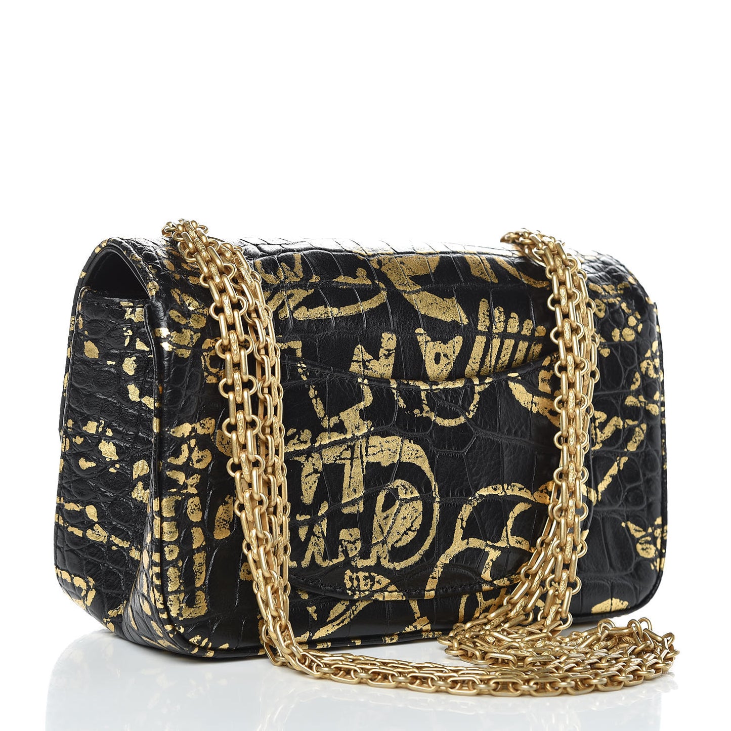 Calfskin Crocodile Embossed Graffiti 2.55 Mini Cocodile Reissue Flap Black Gold