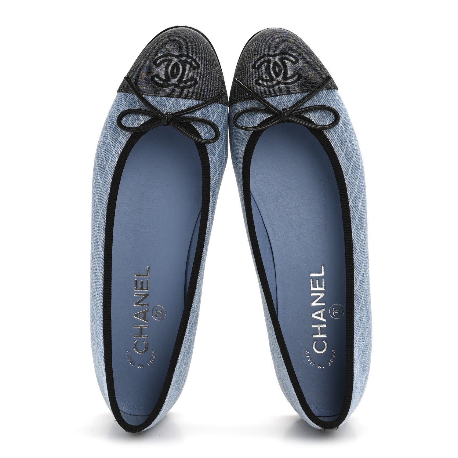 Chanel Denim Printed Quilt CC Cap Toe Ballerina Flats 38 Light Blue Dark Grey 2 of 9
