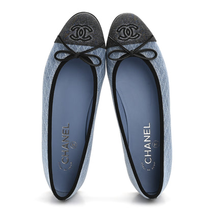 Chanel Denim Printed Quilt CC Cap Toe Ballerina Flats 38 Light Blue Dark Grey 2 of 9