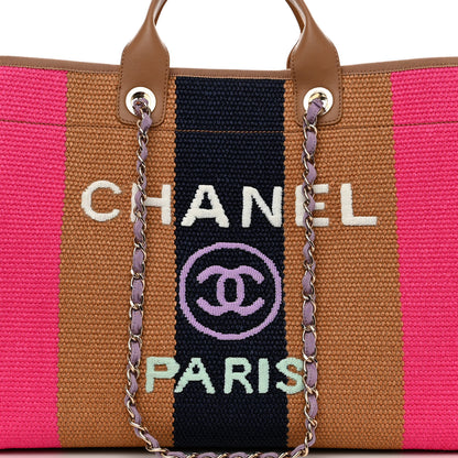 Chanel Straw Raffia Calfskin Striped Large Deauville Tote Dark Beige Fuchsia Navy Blue 8 of 10