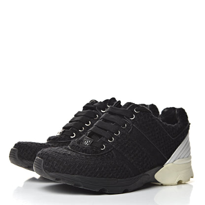 Chanel Tweed Calfskin Sneakers 38.5 Black 3 of 14