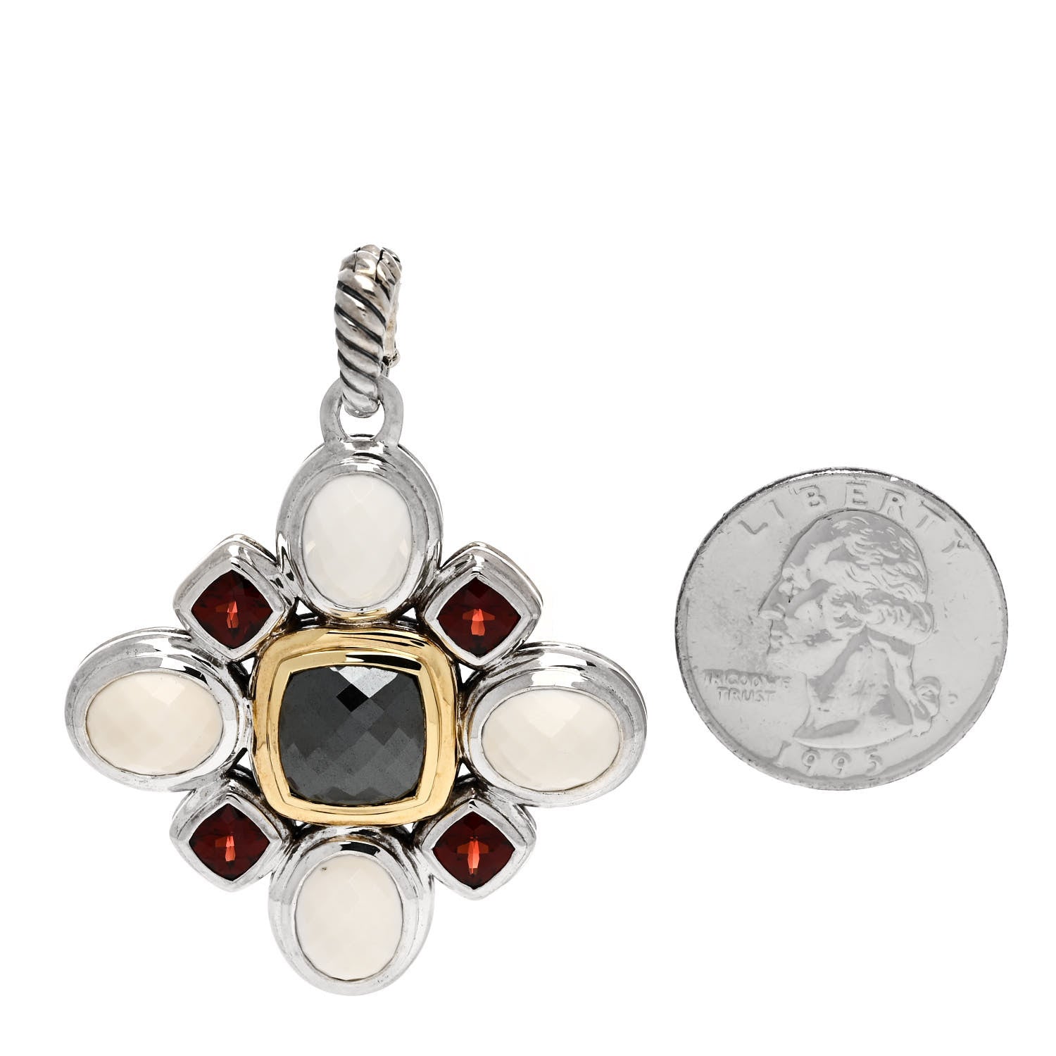 David Yurman Sterling Silver 18K Yellow Gold White Agate Hematine Garnet Enhancer Pendant 2 of 4