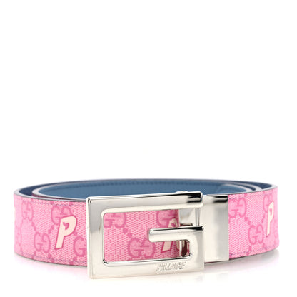 Gucci X PALACE GG Supreme Monogram Palace Textured Dollar Calfskin Square G Reversible Belt 90 36 Pink Pale Rose Palace Pale Blue 1 of 4
