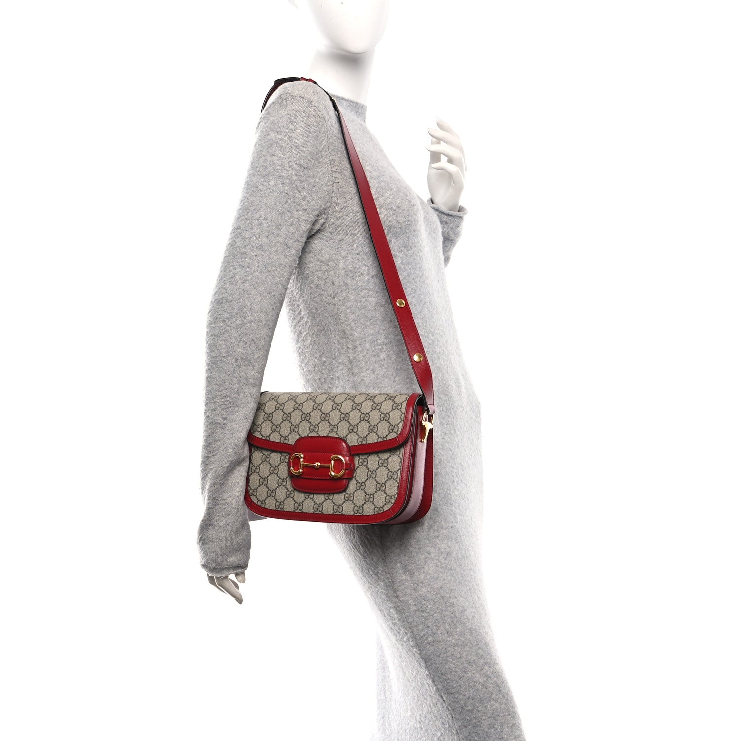 Gucci GG Supreme Monogram Azalea Calfskin Horsebit 1955 Shoulder Bag Beige Ebony New Cherry Red 2 of 11