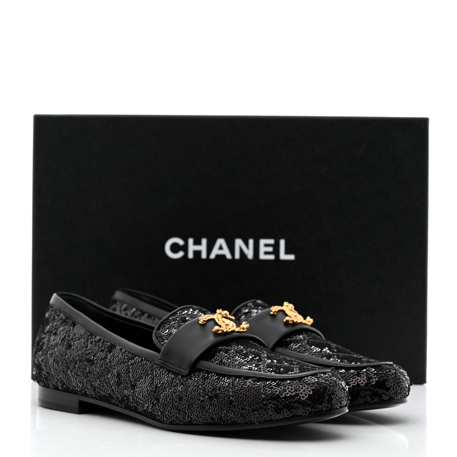 Chanel Sequin Lambskin Quilted CC Loafers 37.5 Black 9 of 9