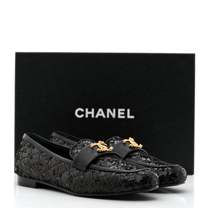Chanel Sequin Lambskin Quilted CC Loafers 37.5 Black 9 of 9