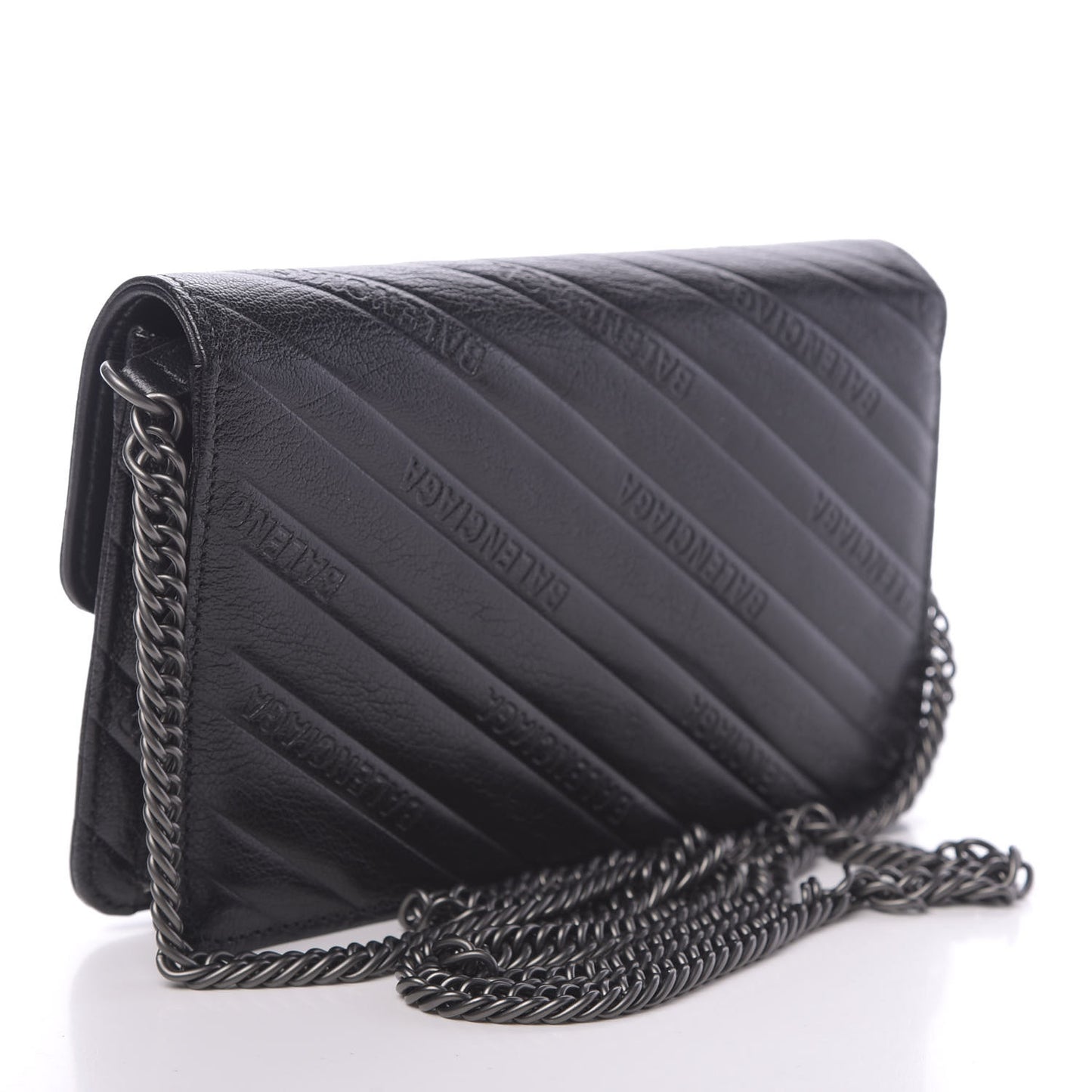 Shiny Goatskin Logo Embossed Monochrome BB Wallet On Chain Black