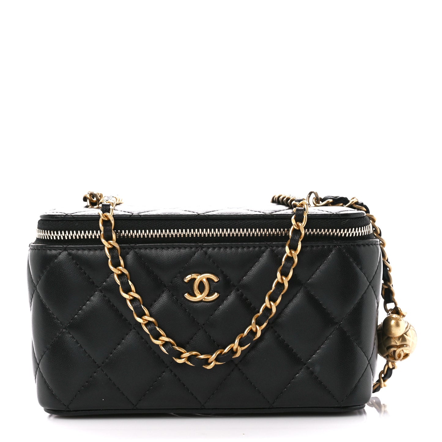 Lambskin Quilted Pearl Crush Small Vanity Case With Chain Black