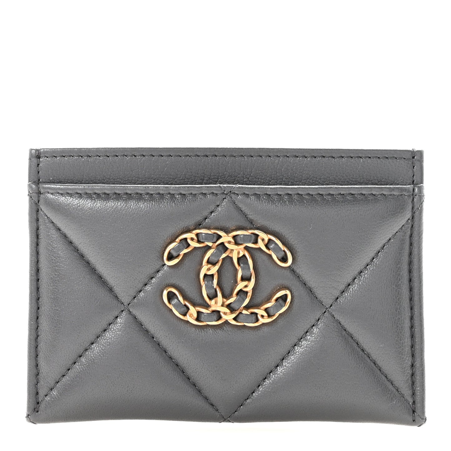 Shiny Goatskin Quilted Chanel 19 Card Holder Dark Grey