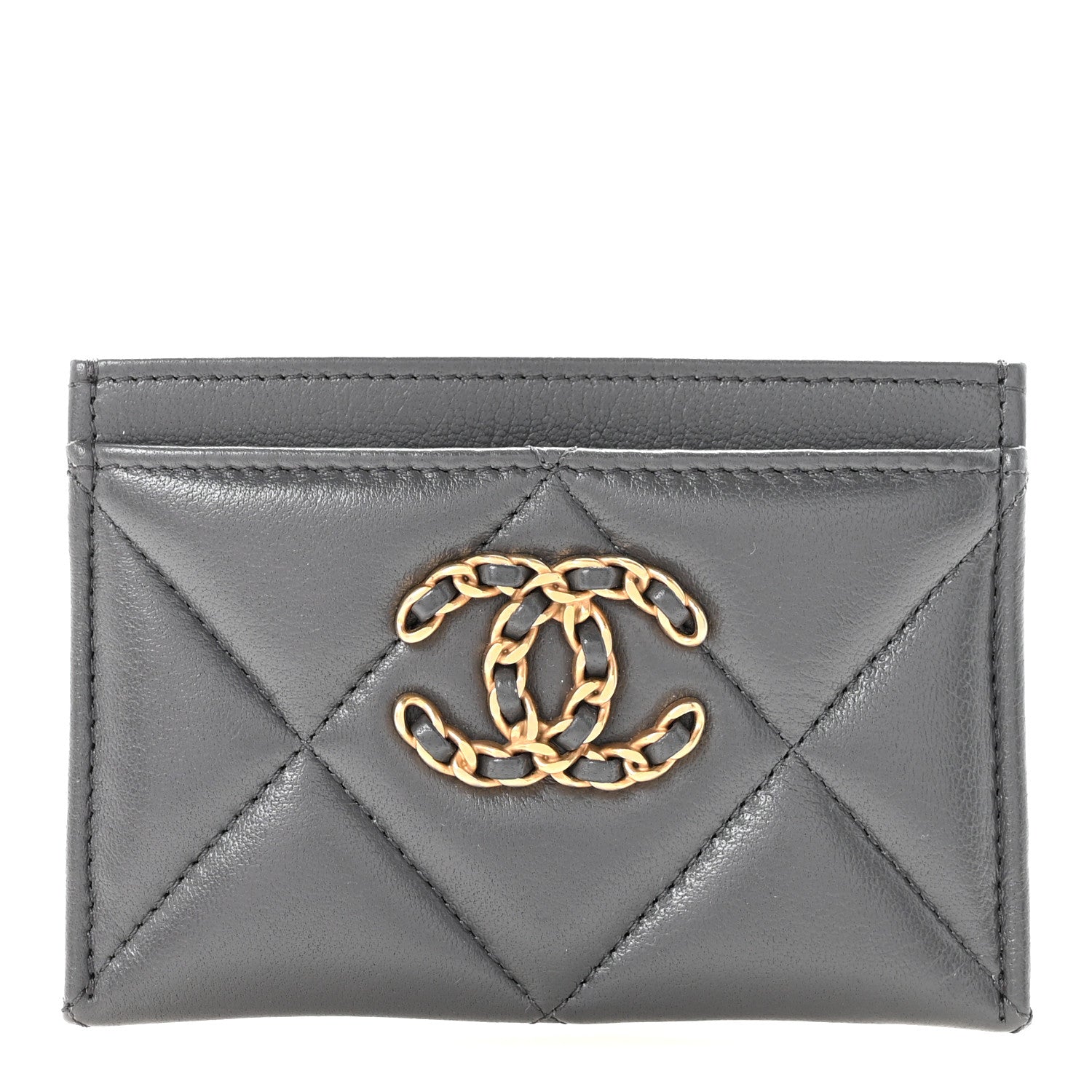 Chanel Shiny Goatskin Quilted Chanel 19 Card Holder Dark Grey 1 of 9