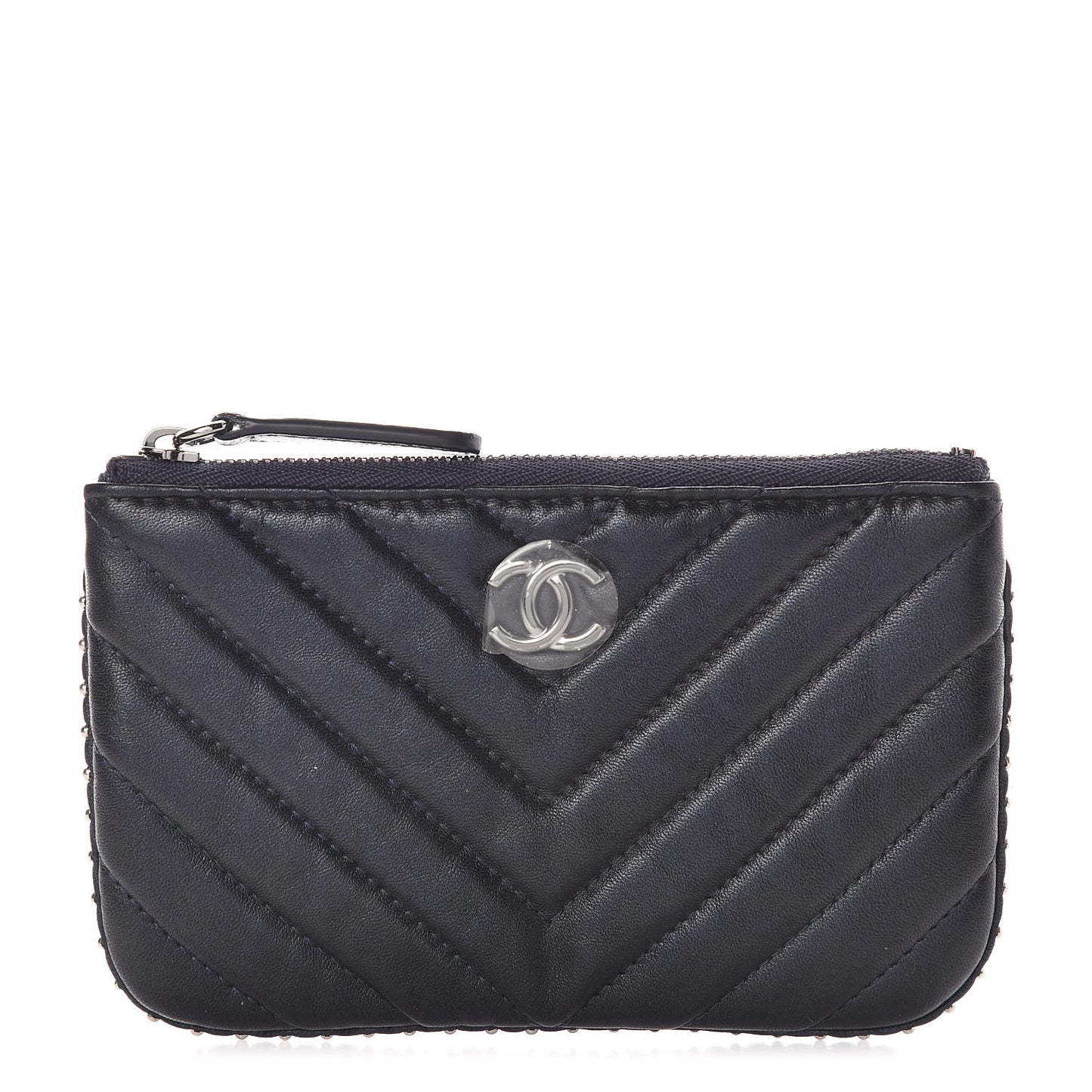 Lambskin Chevron Quilted Studded Small Cosmetic Case Dark Navy