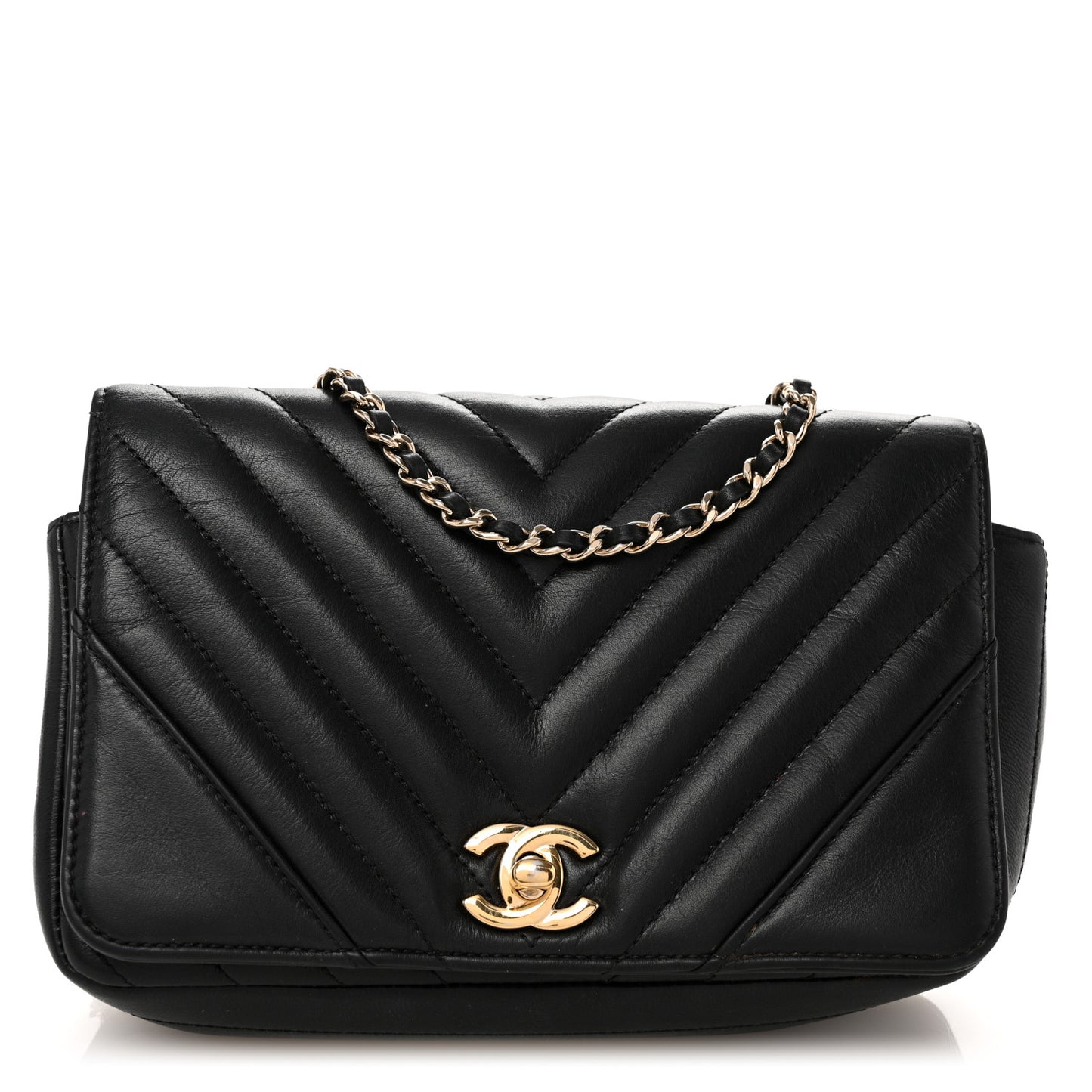 Calfskin Chevron Quilted Mini Statement Flap Black