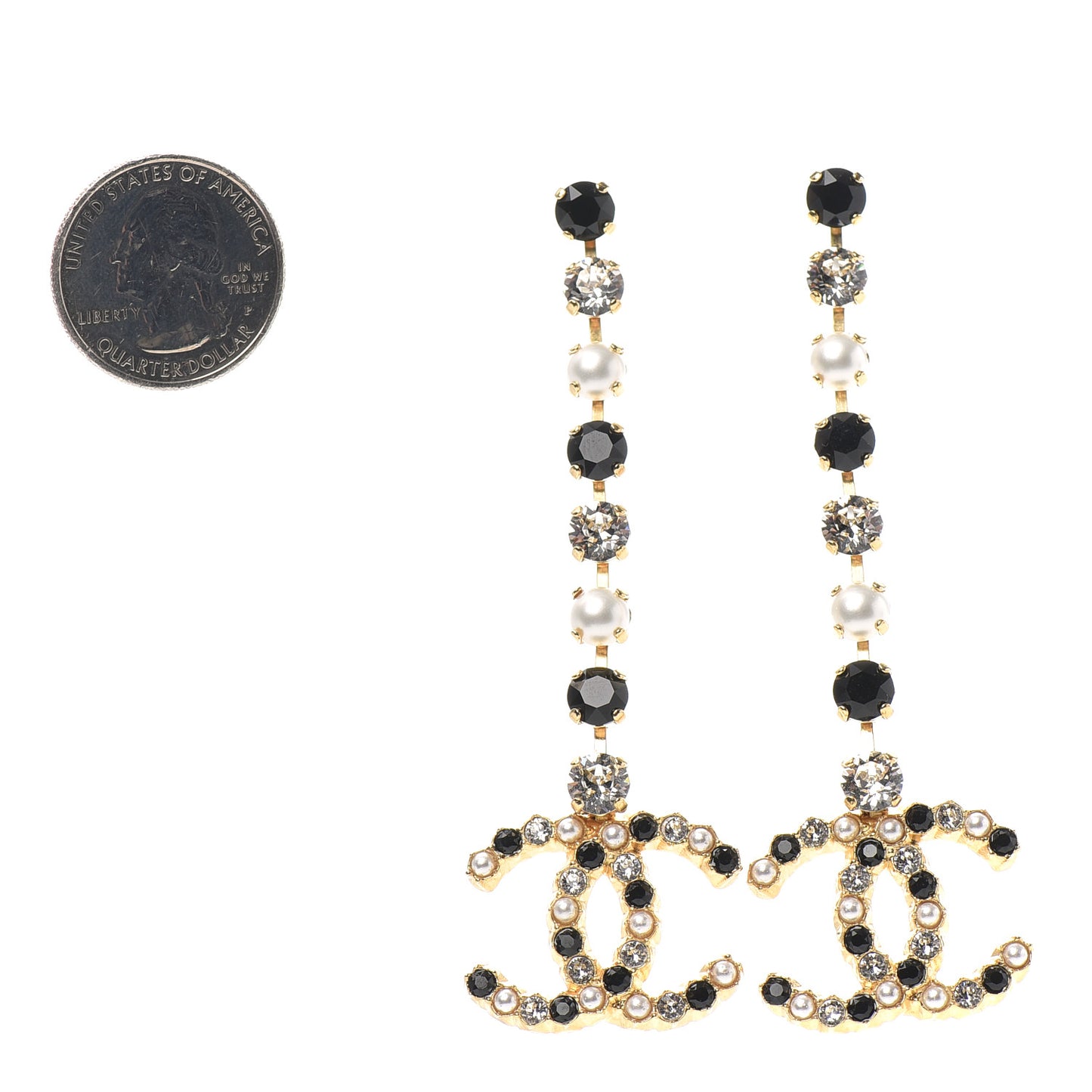 Resin Crystal Pearl CC Long Drop Earrings Gold Black