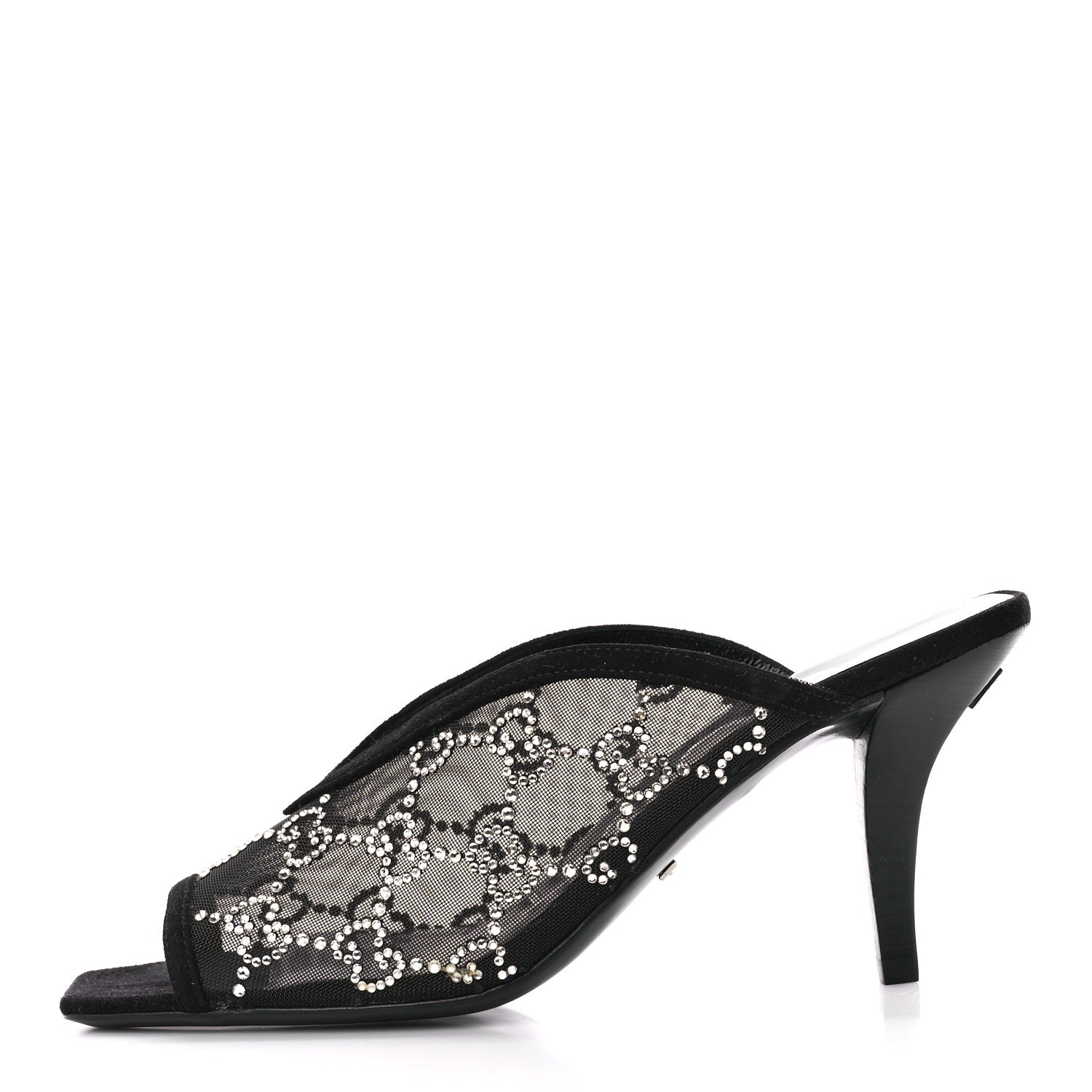 Gucci Tela Retino Kid Scamosciato Crystal GG Monogram Square G 95mm Slide Sandals 36.5 Black 1 of 10