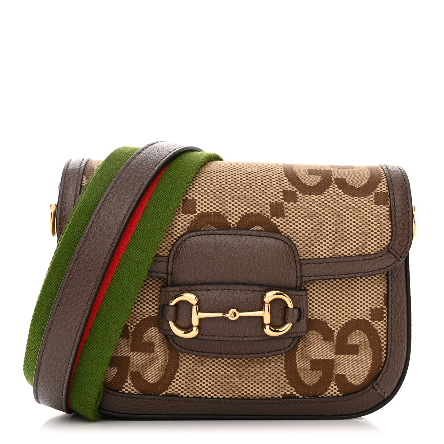Monogram Jumbo GG Textured Dollar Calfskin Web Mini Horsebit 1955 Shoulder Bag Camel Ebony New Acero