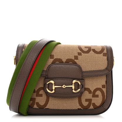 Gucci Monogram Jumbo GG Textured Dollar Calfskin Web Mini Horsebit 1955 Shoulder Bag Camel Ebony New Acero 1 of 11