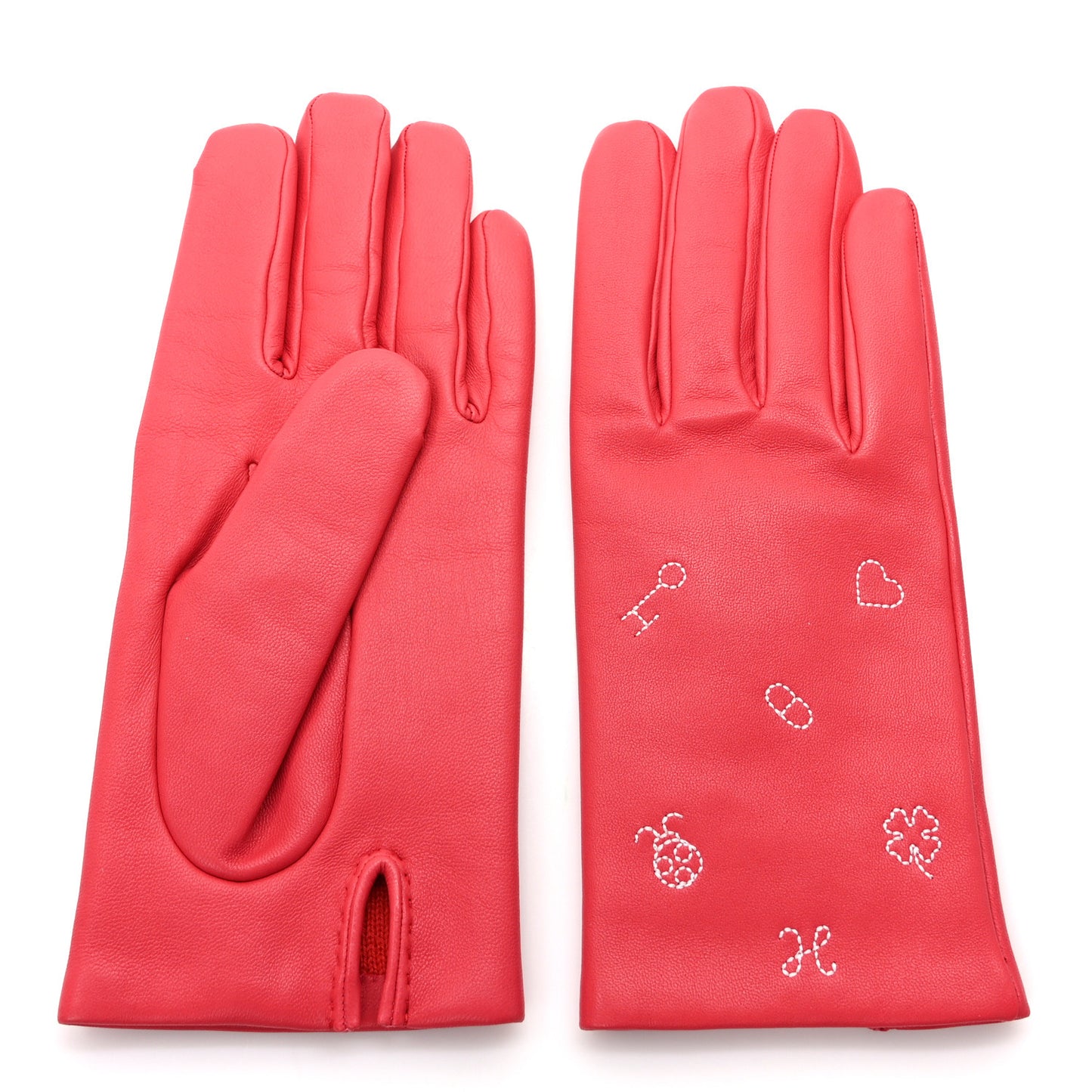 Glossed Lambskin Cashmere Embroidered Lucky Charms Gloves 8 Bougainvillea