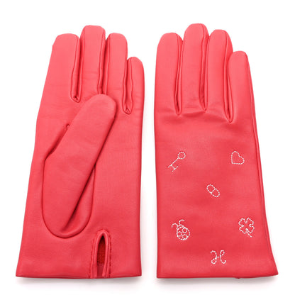 Hermes Glossed Lambskin Cashmere Embroidered Lucky Charms Gloves 8 Bougainvillea 2 of 4