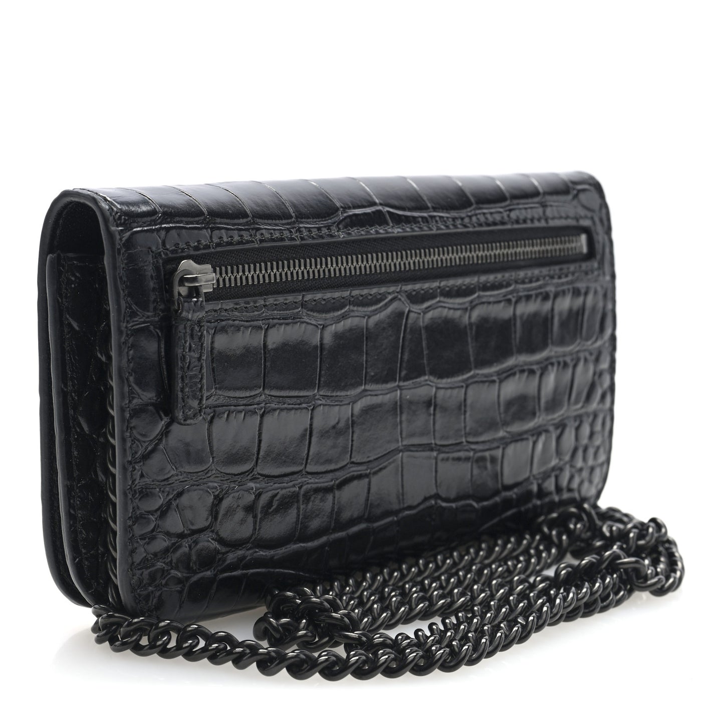 Shiny Calfskin Crocodile Embossed BB Phone Holder Wallet On Chain Black