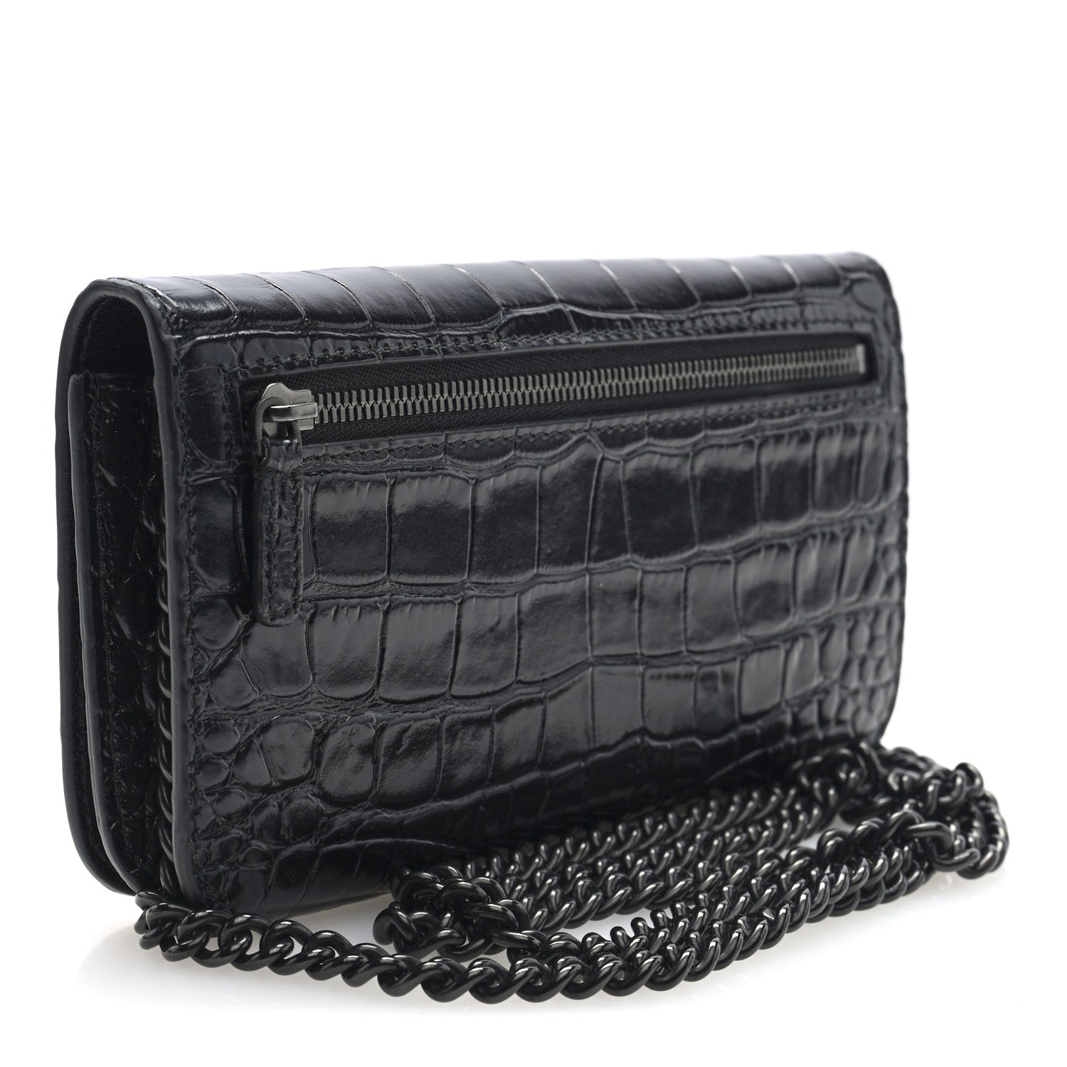 Balenciaga Shiny Calfskin Crocodile Embossed BB Phone Holder Wallet On Chain Black 3 of 10