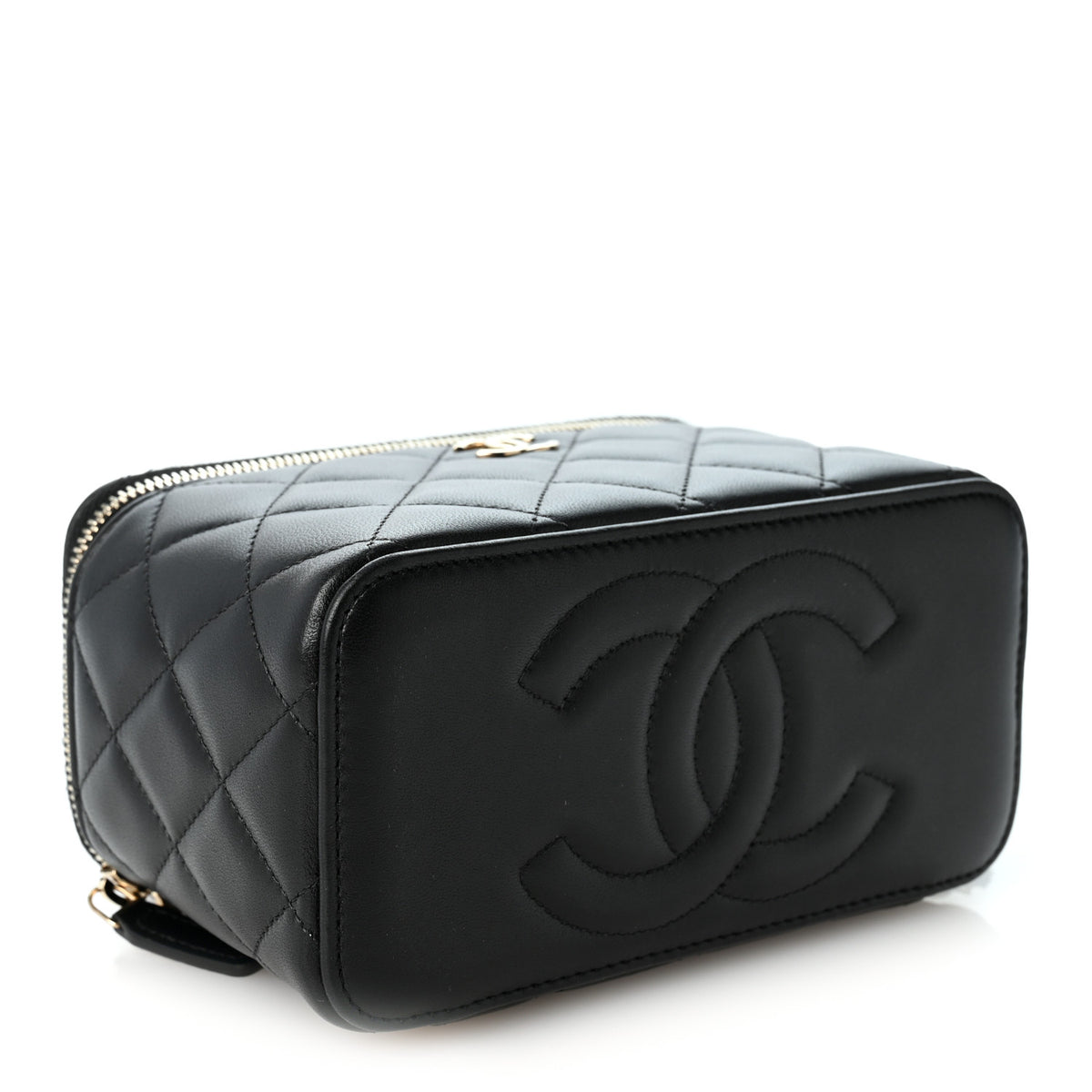 Lambskin Quilted Small Top Handle Vanity Case With Chain Black