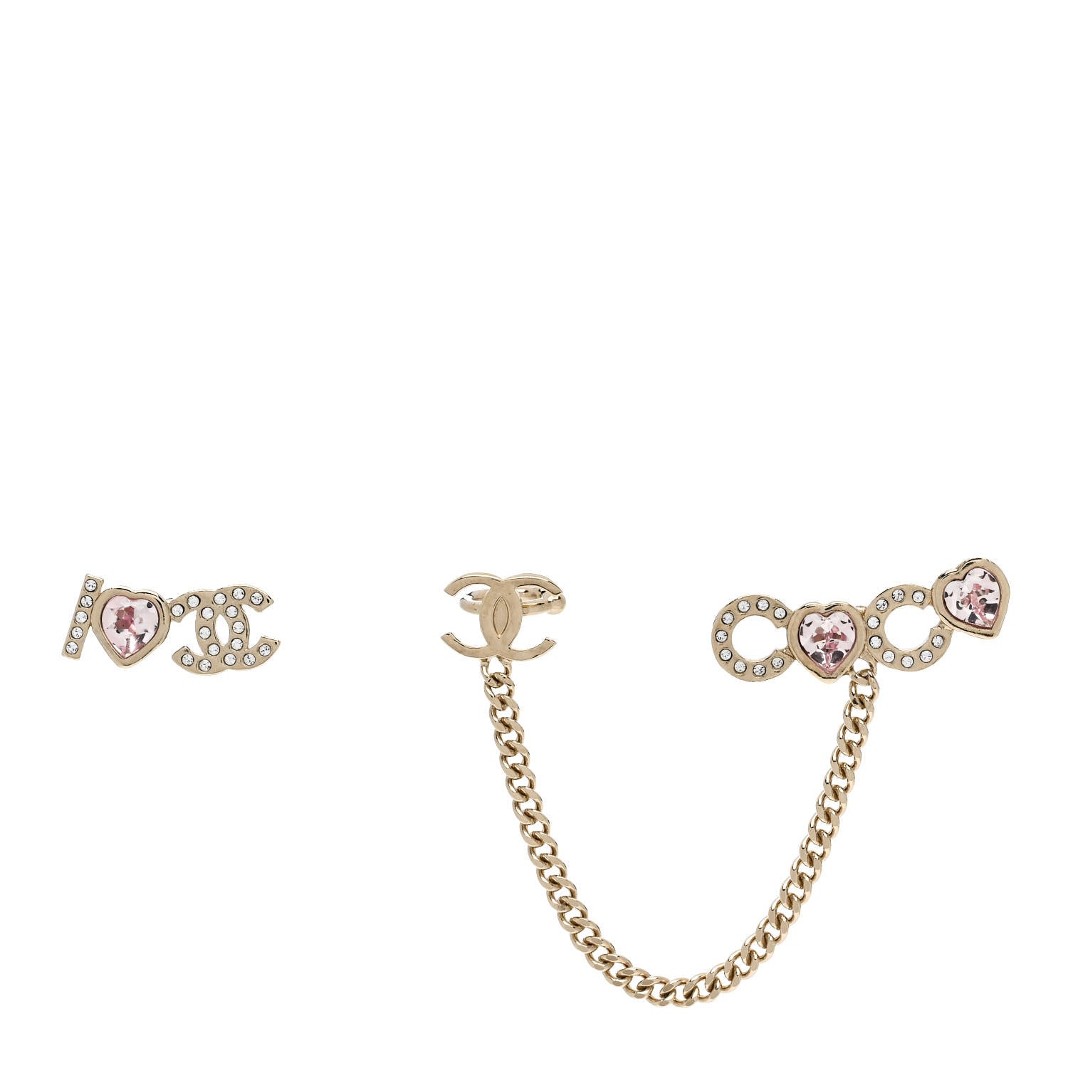 Chanel Metal Strass I Love Coco Heart Chain Climber Earrings Gold Pink 1 of 5