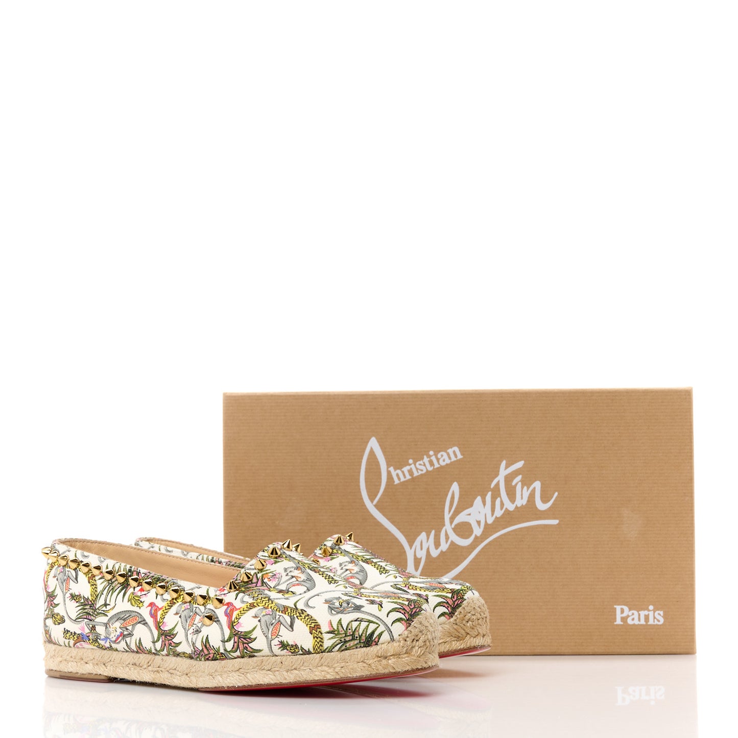 Canvas Loubi Jungle Print Ares Spikes Flat Espadrilles 36 Ivory Gold