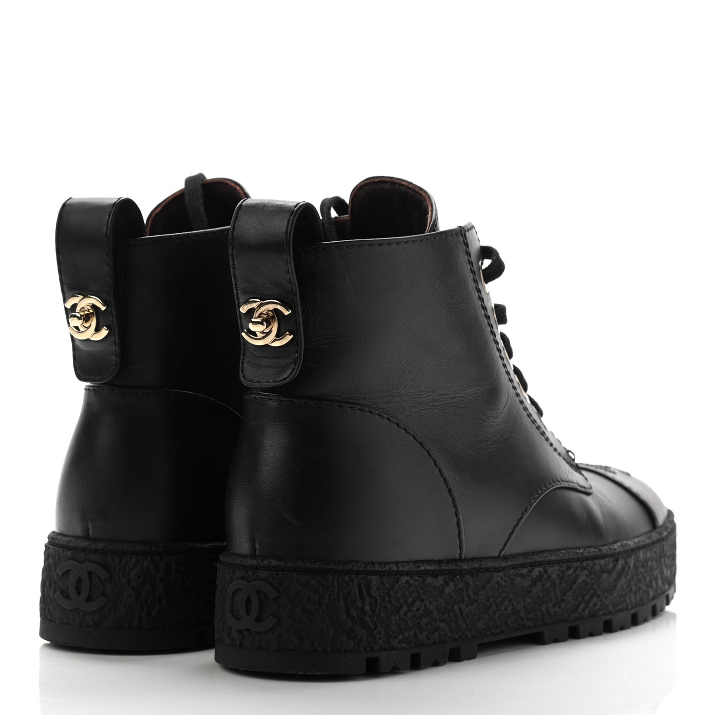 Calfskin CC Turnlock Lace Up Boots 35.5 Black