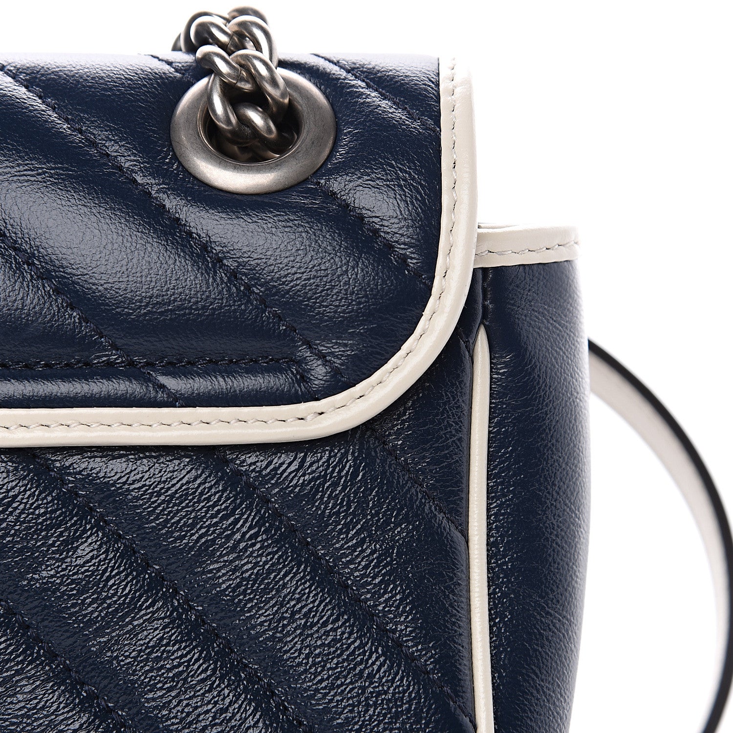 Gucci Vintage Effect Calfskin Matelasse Diagonal Small Torchon GG Marmont Shoulder Bag Blue Agata Mystic White 11 of 12