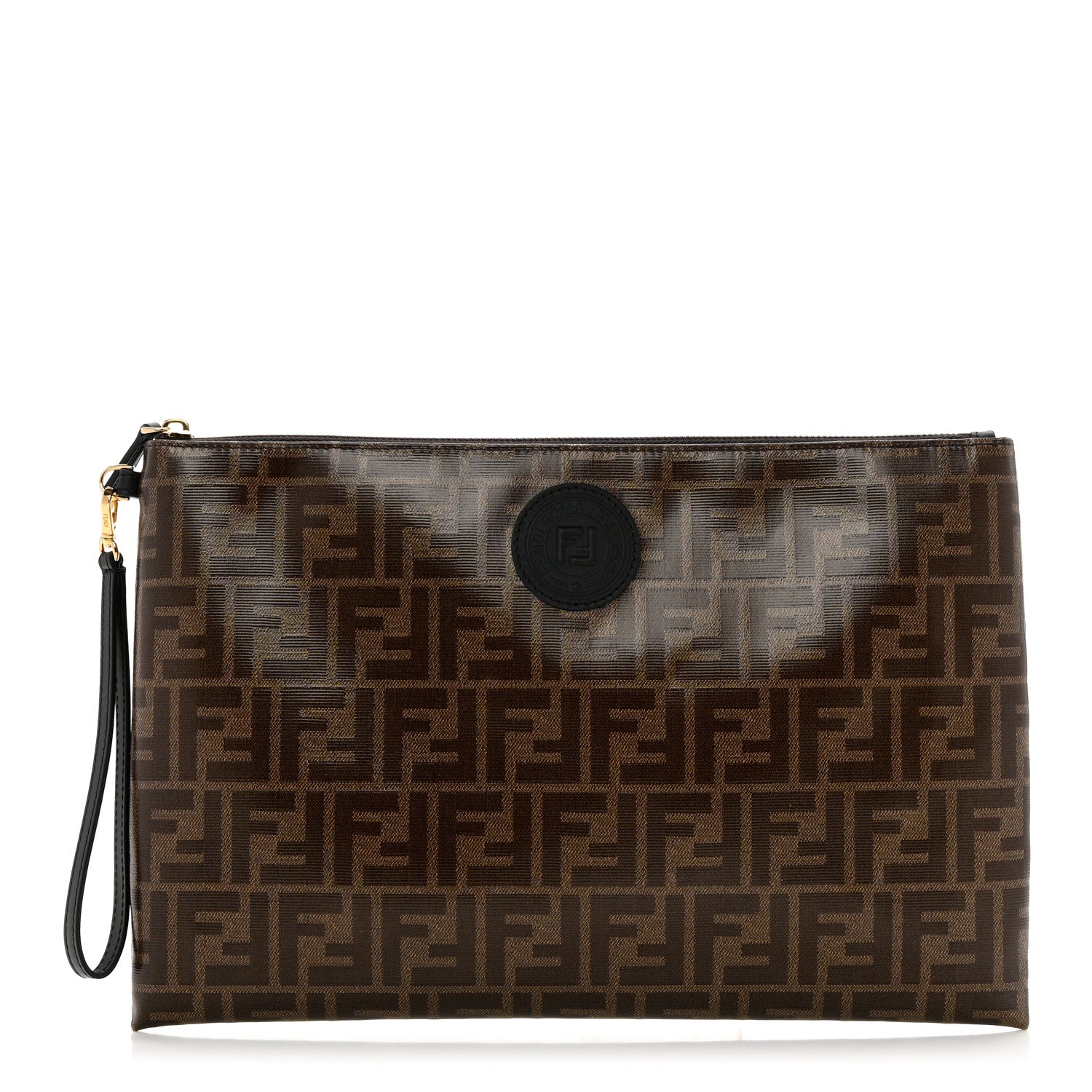 Fendi Glazed Fabric Vitello Century FF 1974 Stamp Patch Large Flat Pouch Mogano Panna Black 1 of 7